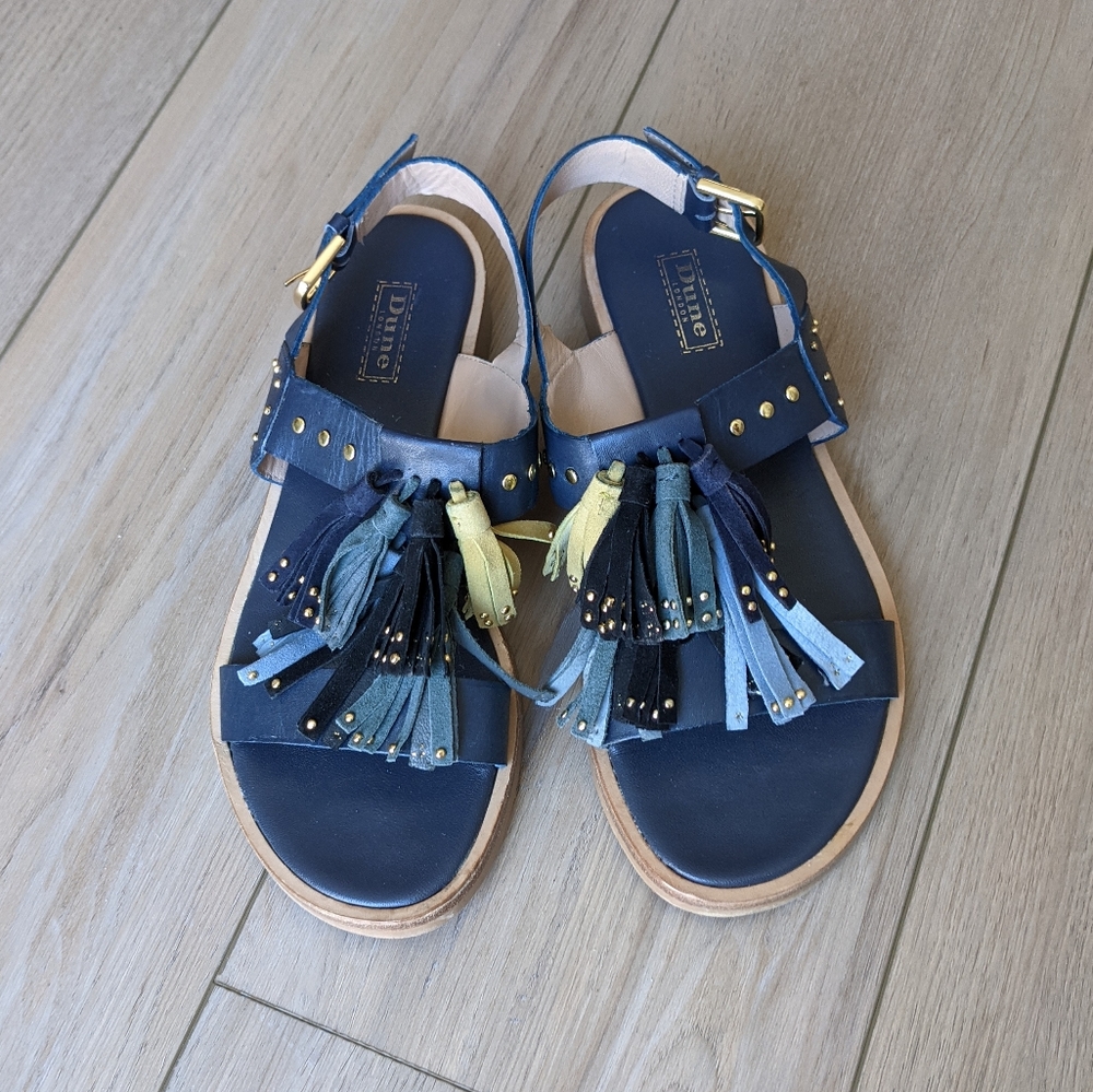 Dune London Leather Sandals Size 7 Navy Blue Boho Festival Western Concert